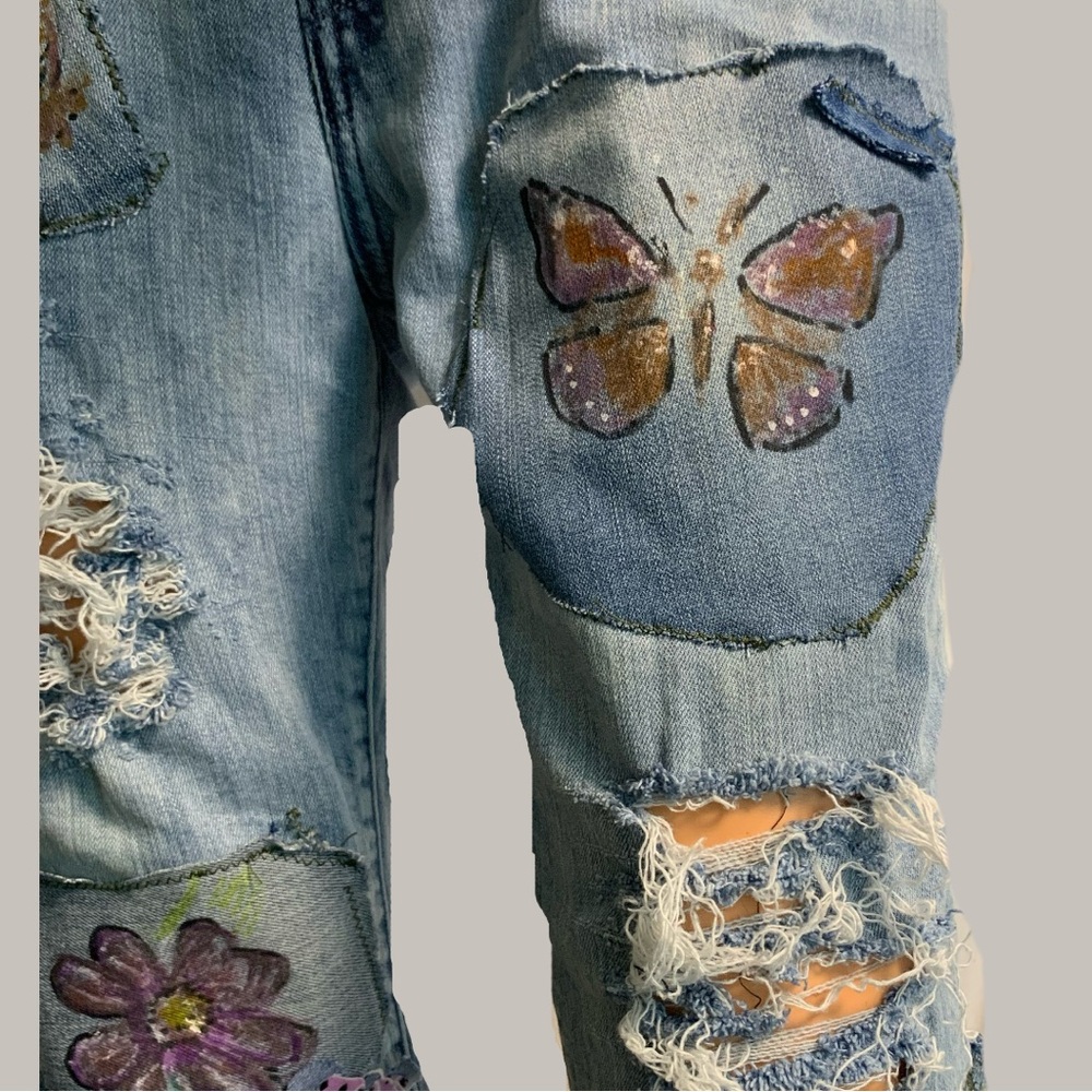 Homemade Patched Up Upcycled Blue Denim Cutoff Shorts - Picture 6 of 13